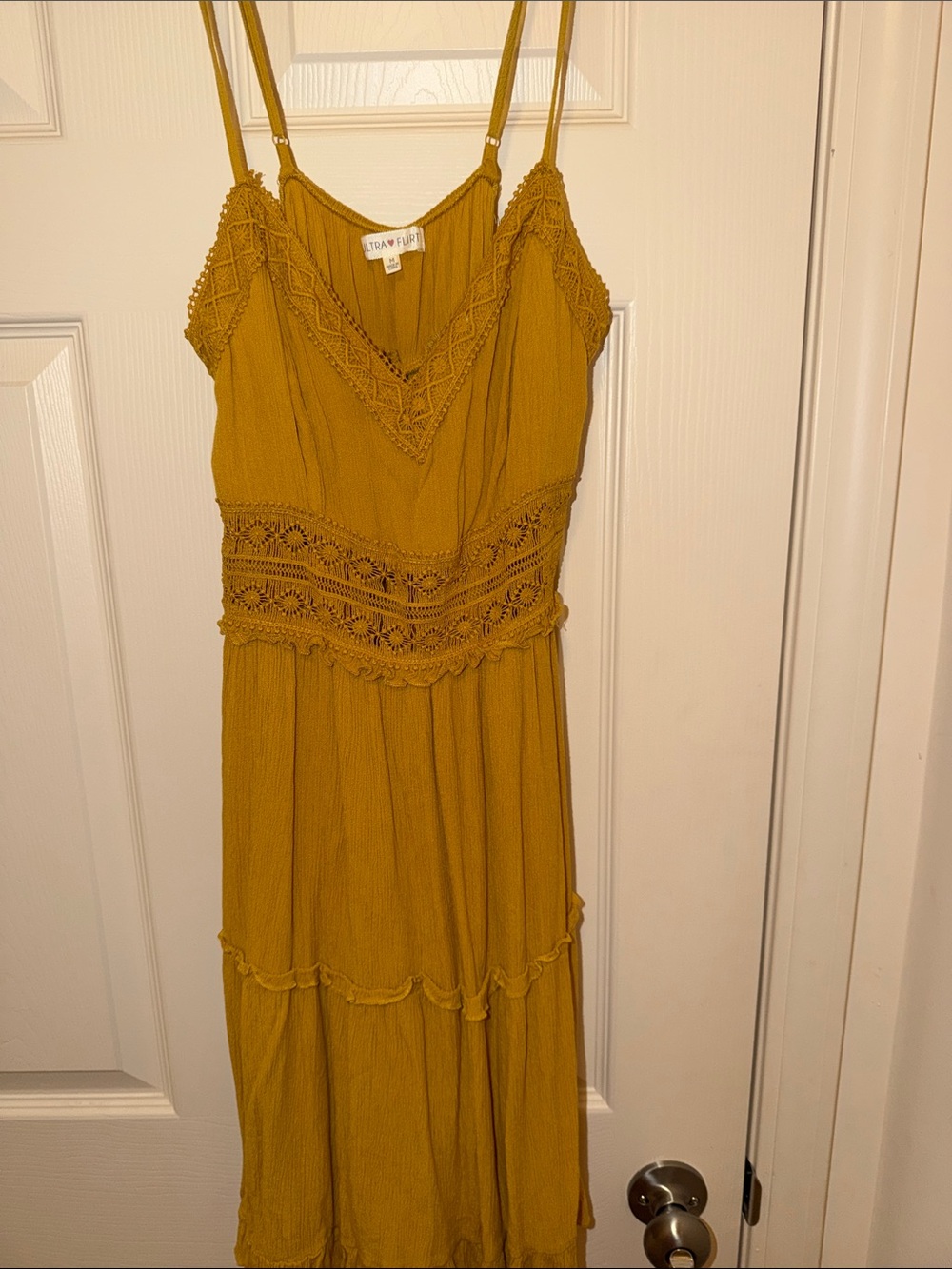 Ultra Flirt Mustard Crochet-Trim Maxi Dress